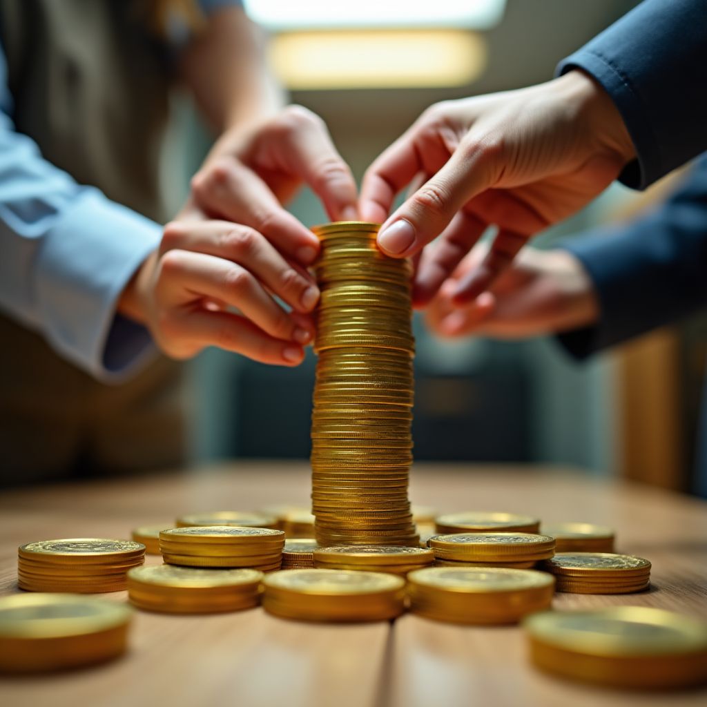 Manos colocando monedas en una torre creciente, simbolizando el crecimiento de la inversión.